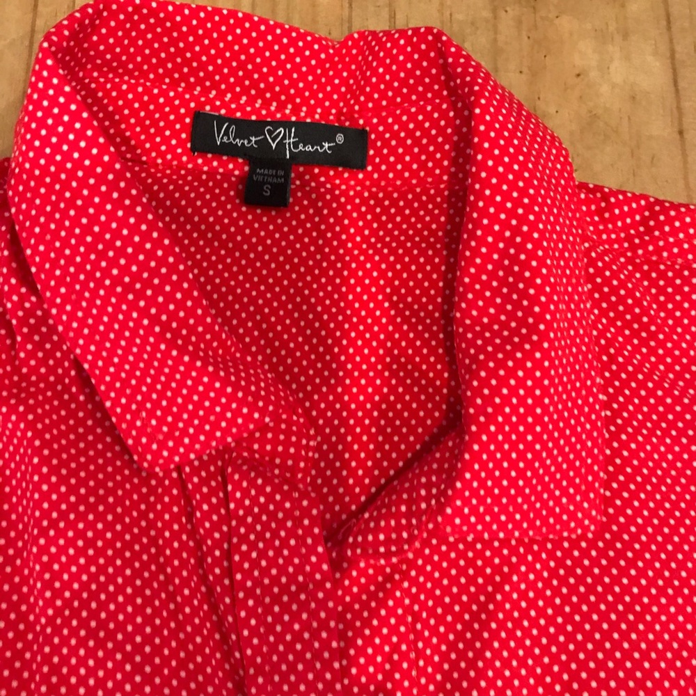 Red and white polka dot button up top